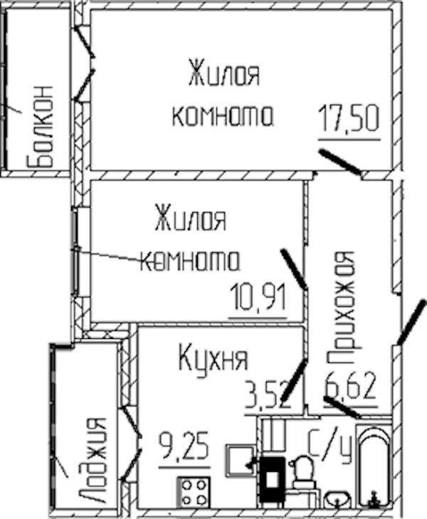 2-комнатная квартира 50.72 м², 2/6 эт., ЖК «SERTOLOVO PARK»